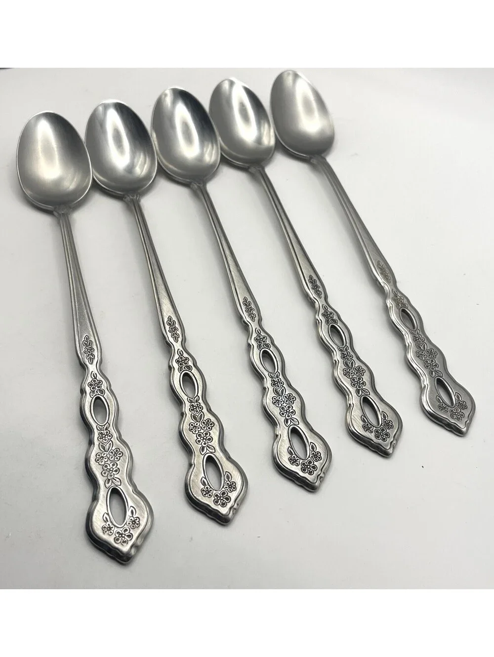 5- Oneida Community FANTASY Burnished Stainless Pierced Iced Tea spoon ~ 7 5/8”